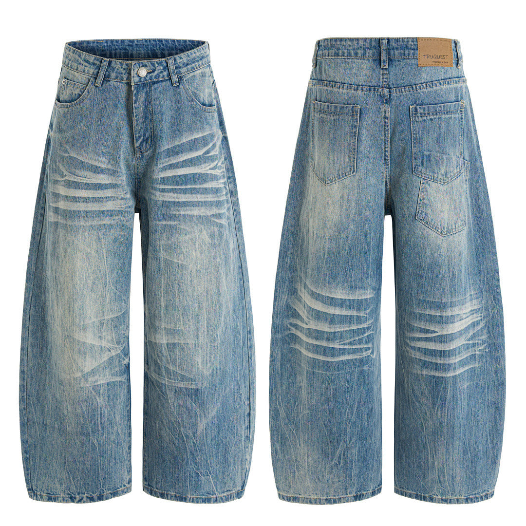 Washed Cat-Whisker Loose Wide-Leg Jeans Unisex Oversized Pants