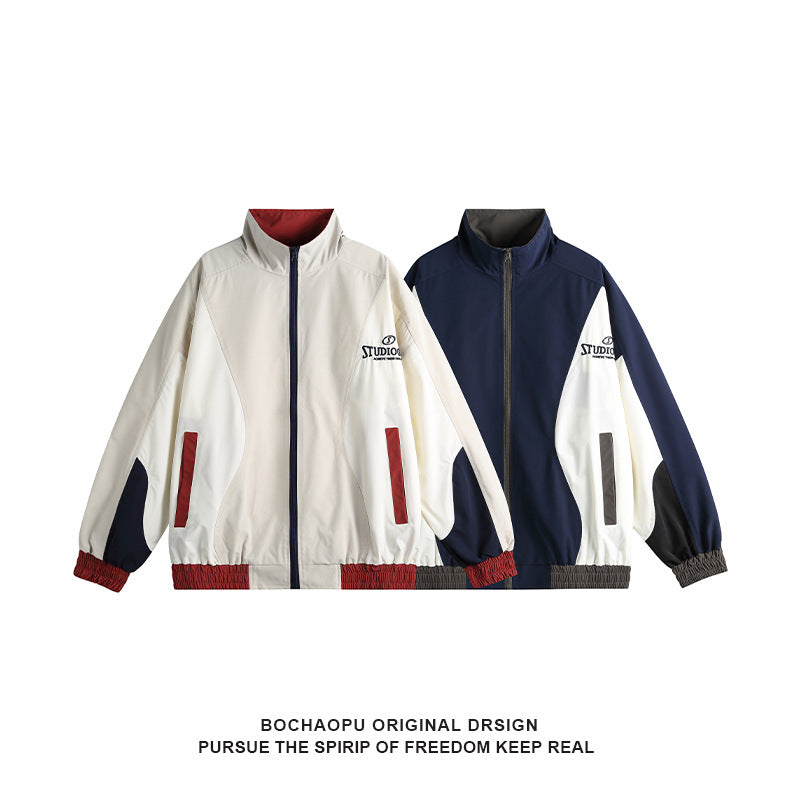Color-blocked Zipper Stand-up Collar Oversized Unisex Jacket