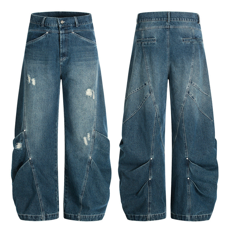 Street Style Oversized Deconstructed Patchwork Slash Denim Pants Unisex Trendy Clean Fit Versatile Distressed Wide Leg Pants