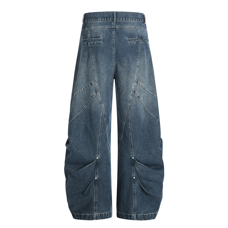Street Style Oversized Deconstructed Patchwork Slash Denim Pants Unisex Trendy Clean Fit Versatile Distressed Wide Leg Pants