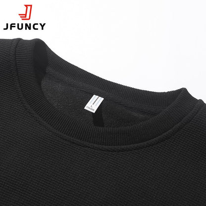 JFUNCY Autumn Harajuku Sweatshirt for Men Oversized Fake 2 Piece Hoodies Korean O-Neck Man Streetwear Male Fashion Clothes