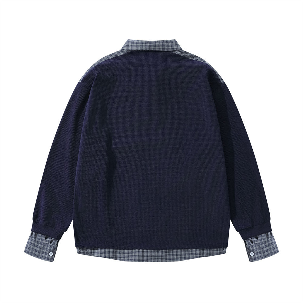 Fake two hoodies with lapels and patchwork grids