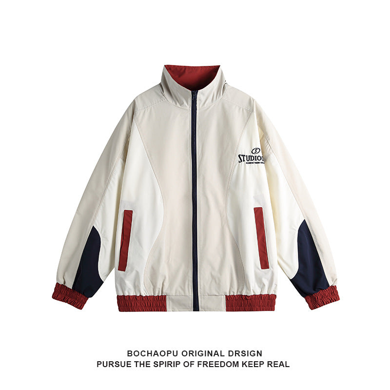 Color-blocked Zipper Stand-up Collar Oversized Unisex Jacket