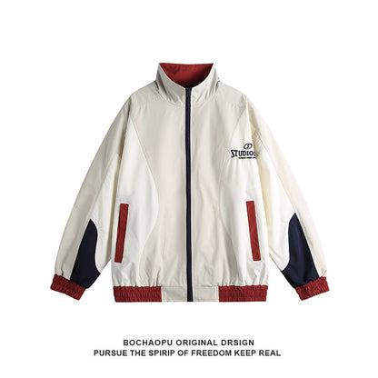 Color-blocked Zipper Stand-up Collar Oversized Unisex Jacket