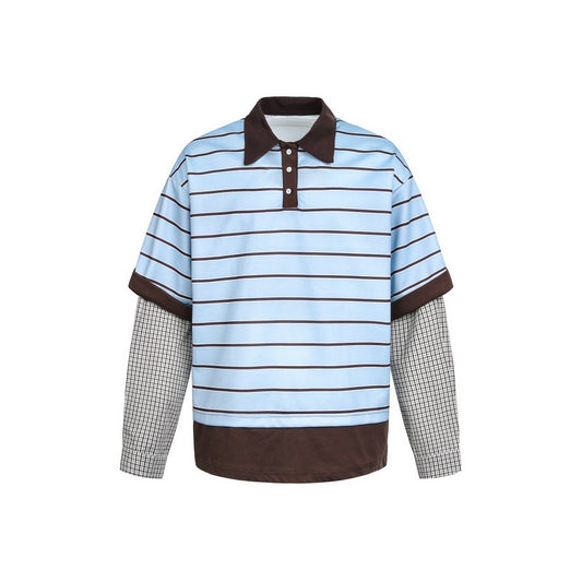Fake two striped polo collar hoodies