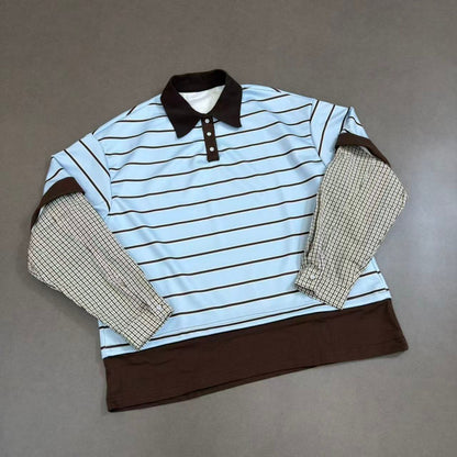Fake two striped polo collar hoodies
