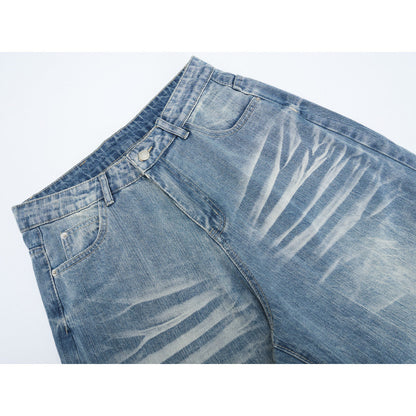 Washed Cat-Whisker Loose Wide-Leg Jeans Unisex Oversized Pants