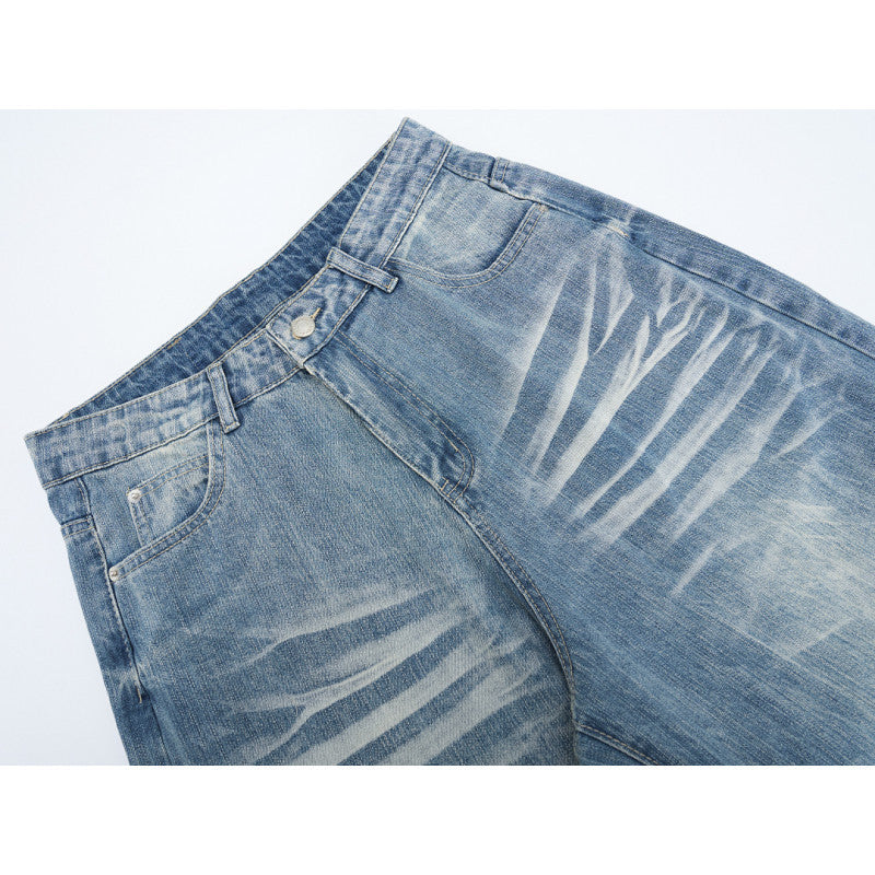 Washed Cat-Whisker Loose Wide-Leg Jeans Unisex Oversized Pants