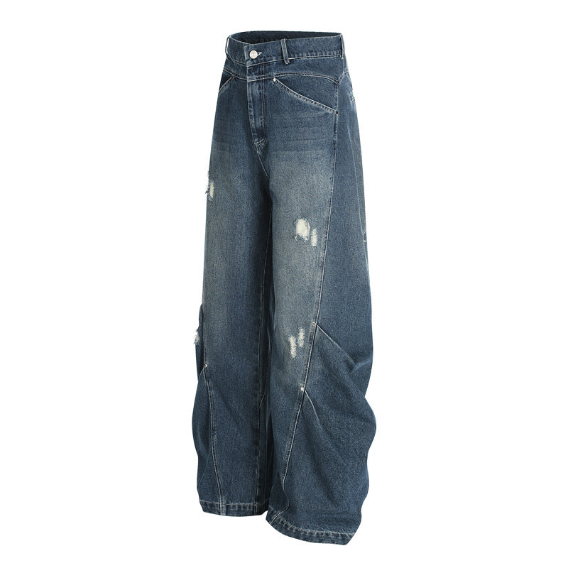 Street Style Oversized Deconstructed Patchwork Slash Denim Pants Unisex Trendy Clean Fit Versatile Distressed Wide Leg Pants
