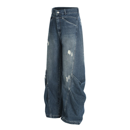 Street Style Oversized Deconstructed Patchwork Slash Denim Pants Unisex Trendy Clean Fit Versatile Distressed Wide Leg Pants