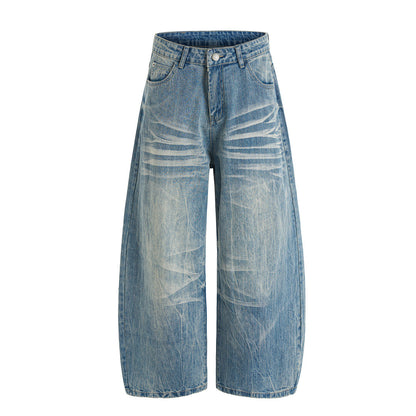 Washed Cat-Whisker Loose Wide-Leg Jeans Unisex Oversized Pants