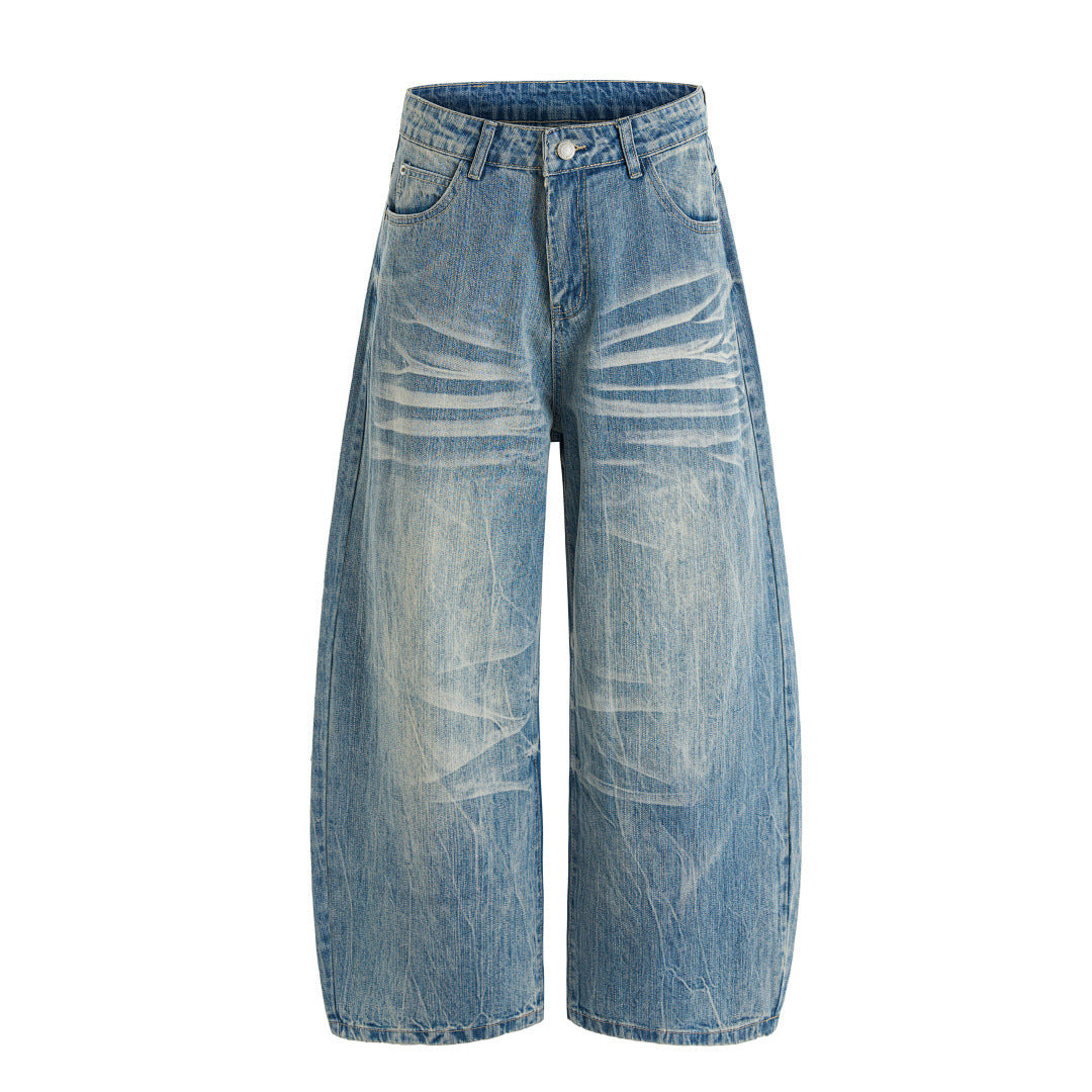 Washed Cat-Whisker Loose Wide-Leg Jeans Unisex Oversized Pants