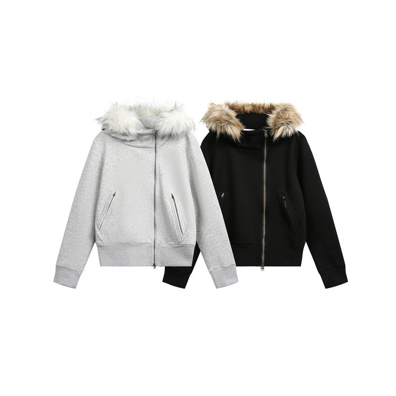 Asymmetrical placket  Hooded with fur collar  Oversized  Jacket
