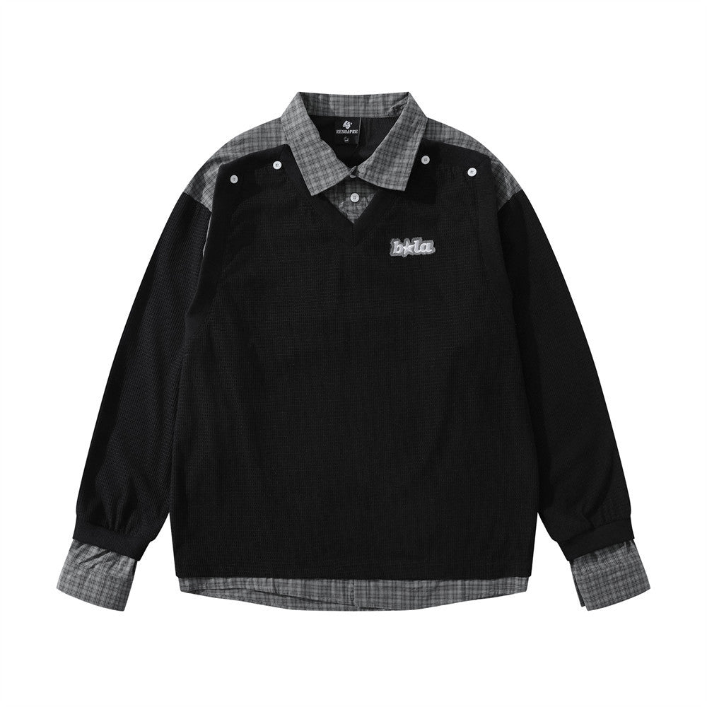 Fake two hoodies with lapels and patchwork grids