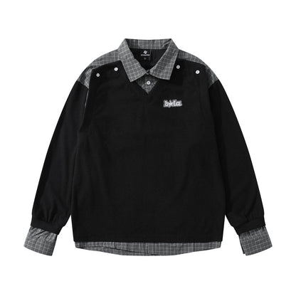 Fake two hoodies with lapels and patchwork grids
