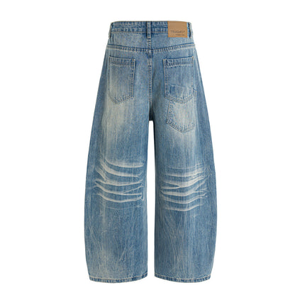 Washed Cat-Whisker Loose Wide-Leg Jeans Unisex Oversized Pants