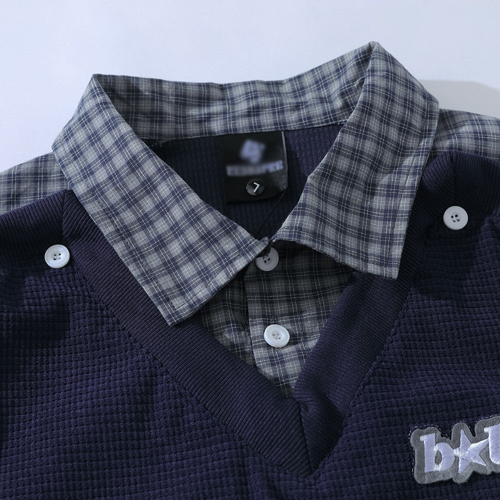 Fake two hoodies with lapels and patchwork grids