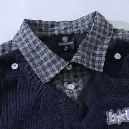 Fake two hoodies with lapels and patchwork grids