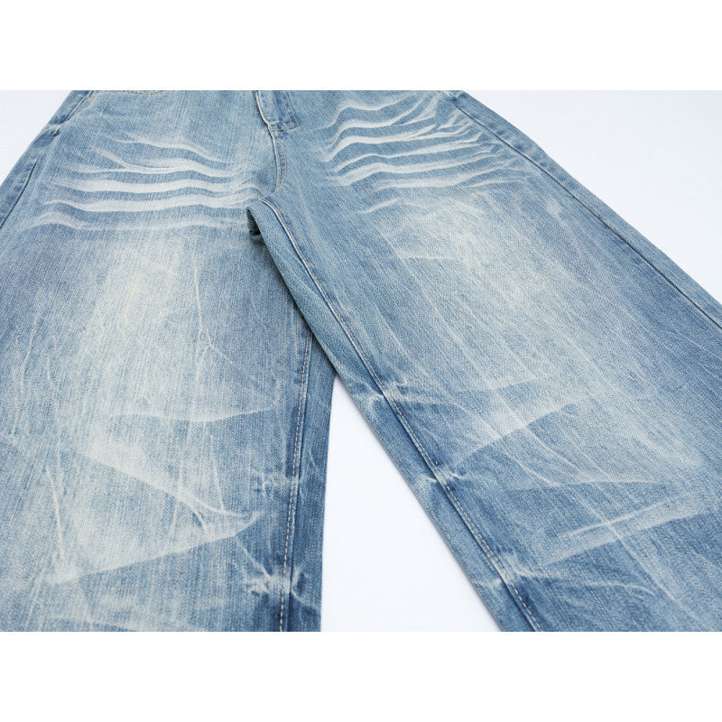Washed Cat-Whisker Loose Wide-Leg Jeans Unisex Oversized Pants