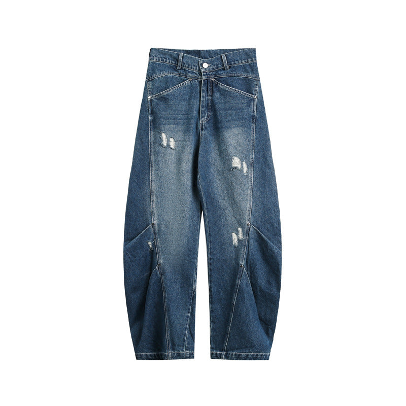 Street Style Oversized Deconstructed Patchwork Slash Denim Pants Unisex Trendy Clean Fit Versatile Distressed Wide Leg Pants