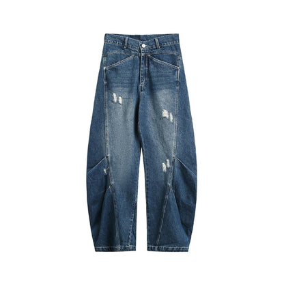 Street Style Oversized Deconstructed Patchwork Slash Denim Pants Unisex Trendy Clean Fit Versatile Distressed Wide Leg Pants