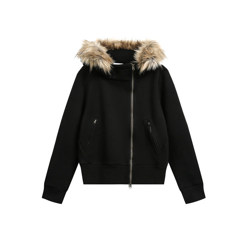 Asymmetrical placket  Hooded with fur collar  Oversized  Jacket