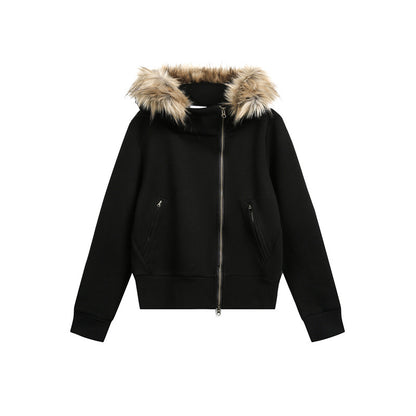 Asymmetrical placket  Hooded with fur collar  Oversized  Jacket