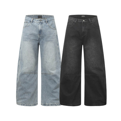 Street Casual Versatile Retro Pleated Washed Distressed Oversized Denim Pants Clean Fit Unisex Wide Leg Tapered Jeans