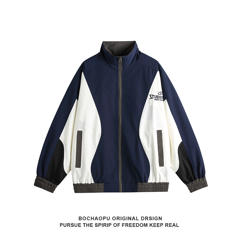 Color-blocked Zipper Stand-up Collar Oversized Unisex Jacket