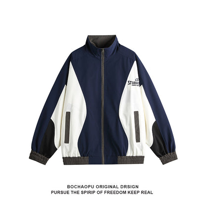 Color-blocked Zipper Stand-up Collar Oversized Unisex Jacket