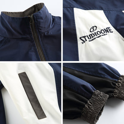 Color-blocked Zipper Stand-up Collar Oversized Unisex Jacket