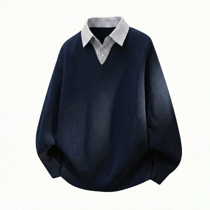 Fake two striped shirts V-neck hoodies