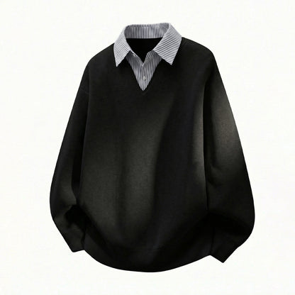 Fake two striped shirts V-neck hoodies
