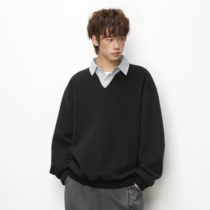 Fake two striped shirts V-neck hoodies