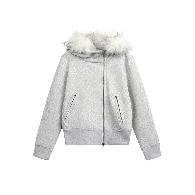 Asymmetrical placket  Hooded with fur collar  Oversized  Jacket