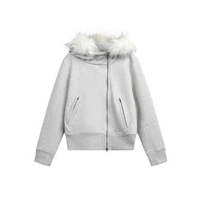 Asymmetrical placket  Hooded with fur collar  Oversized  Jacket