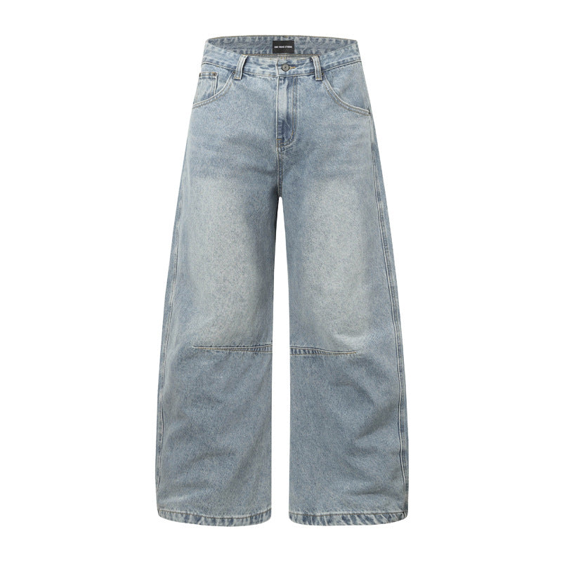 Street Casual Versatile Retro Pleated Washed Distressed Oversized Denim Pants Clean Fit Unisex Wide Leg Tapered Jeans