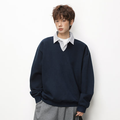 Fake two striped shirts V-neck hoodies
