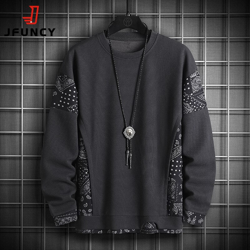 JFUNCY Autumn Harajuku Sweatshirt for Men Oversized Fake 2 Piece Hoodies Korean O-Neck Man Streetwear Male Fashion Clothes