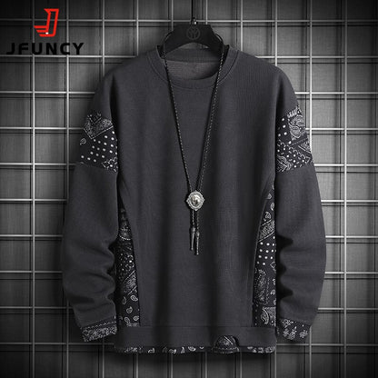 JFUNCY Autumn Harajuku Sweatshirt for Men Oversized Fake 2 Piece Hoodies Korean O-Neck Man Streetwear Male Fashion Clothes