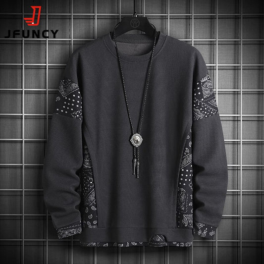 JFUNCY Autumn Harajuku Sweatshirt for Men Oversized Fake 2 Piece Hoodies Korean O-Neck Man Streetwear Male Fashion Clothes