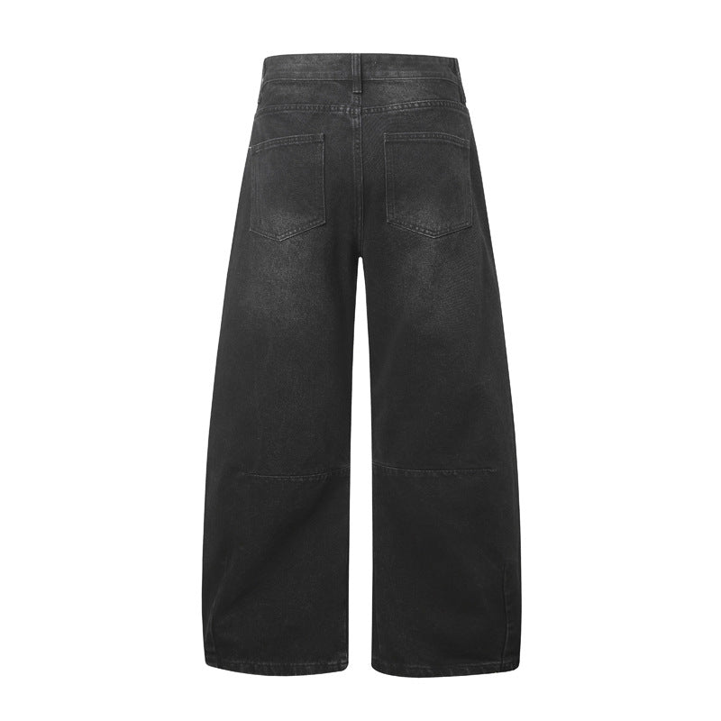Street Casual Versatile Retro Pleated Washed Distressed Oversized Denim Pants Clean Fit Unisex Wide Leg Tapered Jeans