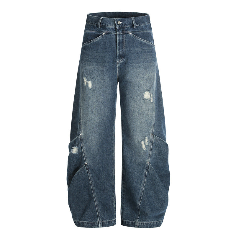 Street Style Oversized Deconstructed Patchwork Slash Denim Pants Unisex Trendy Clean Fit Versatile Distressed Wide Leg Pants