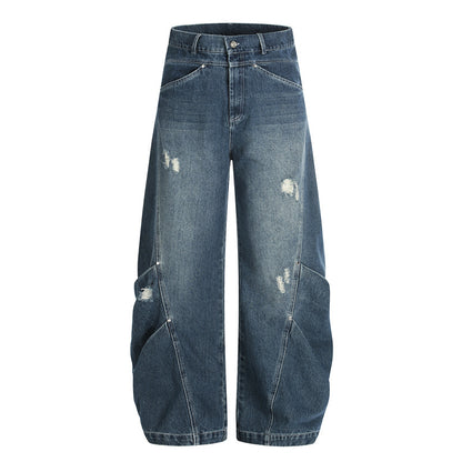 Street Style Oversized Deconstructed Patchwork Slash Denim Pants Unisex Trendy Clean Fit Versatile Distressed Wide Leg Pants
